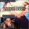 repeated small images showing a person singing into a microphone with 'LINKIN PARK' text above and 'MIKE SHIMODA' below, set against a blue background