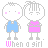 Pixel art of two cartoon figures with pink cheeks, blue shorts, and pink tops; text phrases change across frames while the figures remain static.