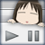 Pixelated anime-style character with closed eyes rests head on white interface with play and pause icons.