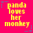 Yellow pixelated text 'panda loves her monkey' on bright pink background with cyan and purple star accents.