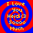 Four identical pixelated spiral icons with red and blue concentric rings, yellow text reading "I Love You HeidiX3 Soooo Much" arranged in a on solid background