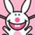 Animated pink bunny with white face and red nose, smiling widely on a pink background; yellow displays "Hello" above "Loser!" in black text