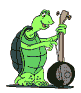 Green cartoon turtle plays a banjo in multiple poses across three of each