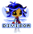 Pixelated character with blue hair and wings, yellow face, red accents on clothing, standing beneath 'DIVISOR' text in blocky font.