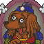 Pixel art dog with brown fur, blue cap, red shirt, and yellow accents stands against a purple arch background with white cloud shapes.