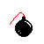Six pixel-art bomb icons arranged in two of three, with a separate explosion graphic below; all on gray background