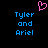Pixelated blue text 'Tyler and Ariel' appears twice on a black background with a pink heart symbol above the left text block.