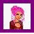 Pixelated cartoon-style icon of a person with pink hair in a bun, wearing dark clothing and a necklace, displayed within four colored borders.