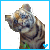 Pixelated tiger head with striped fur, blue eyes, and a small green plant at the base of its neck.