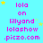 A static image with a bright cyan background, pink text reading "lola on lillyand lolashow .piczo.com", and scattered yellow and light blue stars.