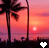 Animated sunset scene with palm trees silhouetted against a gradient sky transitioning from pink to orange, featuring three heart symbols changing color across frames.