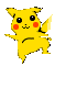 Yellow cartoon character with red cheek circles, black eyes, and a white-tipped tail in multiple poses against a gray background.