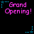 Pixelated text 'Grand Opening!' in pink with blue star accents on black background, animated with star position changes.