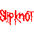 Red text 'Slipknot' appears in multiple distorted, blurred states across a white background with varying opacity and pixelation levels.