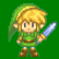 Pixel art character in green tunic and brown boots holding a blue sword, shown in two poses against solid green background with text block below.