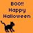 Orange background with black text and pixelated cat icons displaying "BOO!! Happy Halloween" in three positions.
