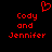 Red pixelated text 'Cody and Jennifer' appears twice on a black background with a red heart symbol above the left text block.
