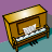 Pixelated image of a golden-brown piano with white and black keys, set against purple and teal background.