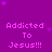 Purple background with repeated pixelated text 'Addicted To Jesus!!!' in light purple, scattered small purple stars, and a solid gray rectangle in the bottom-right corner.