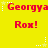 Yellow background with red text 'Georgya' and 'Rox!' repeated in a pattern, white stars and dotted lines animating between