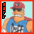 A 4x4 contact sheet of a pixelated animated icon featuring a cartoon character in a red cap and blue sleeveless shirt with repeated text, displayed on a light cyan background with red borders.