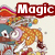 Pixelated character with orange hair and blue clothing under a red 'Magic' banner, holding colorful objects against light background.