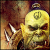 A pixelated golden skull with a circular symbol on its forehead, holding a white antlered object against a brown gradient background.