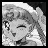 Black-and-white pixelated anime-style icon of a character with one eye open and one eye closed, wearing a headband with a heart symbol and a large bow on the right side.
