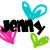 Two side-by-side pixelated text-based icons display the name 'JENNY' with heart-shaped accents in cyan, pink, and green.