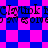 Pixelated text repeats across a blue and pink checkered background with shifting diamond patterns.