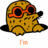 Pixelated cartoon character with brown spotted body, orange sunglasses, and black accents in three variations showing different poses and text below.