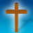 A pixelated wooden cross centered against a blue gradient background with light rays emanating from behind it.