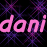 Pixelated pink text 'danidani' on a black background with purple starburst patterns, displayed as part of an animated contact sheet frame.
