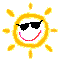 Pixelated sun-shaped icon with yellow-orange outline, white face, red smile; sunglasses change from black to green to purple across frames while mouth expressions shift between closed and open smiles.