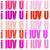 A contact sheet of two animated frames showing a repeating pattern of pink and orange text with large black 'LUV U' text overlay on the right frame.