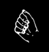 White line-drawn hand gestures on black background, multiple distinct poses including fist, open palm, pointing index finger, peace sign, and other configurations.