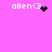 Pixelated text 'allen<3' on bright pink background with four distinct black pixel animations: solid heart, starburst, scattered dots, and no symbol.