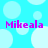 Pixelated cyan background with white circles and four instances of purple text reading "Mikeala" arranged in a