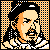 Pixelated 50x50 static buddy icon depicting a historical figure with black hair, mustache, and beard in orange/yellow tones against checkered background.