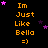 Animated pixel art displays 'Im Just Like Bella =)' text with pink stars floating across a black background.