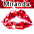 Red lips with white sparkles and pink gradient on white background, text 'Miranda' above in pixelated font with red patterned backdrop.