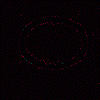 Three circular red and blue particle rings float on a black background with a white corner overlay.