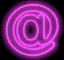 A neon-style @ symbol with concentric circular outlines in pink and purple hues against a black background.