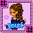Animated pixel art contact sheet showing a female character with long brown hair in various poses holding pink stars, each frame displaying different text phrases on blue banners against a light purple background with black and pink borders.