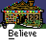 Animated pixel art contact sheet showing Santa Claus and Christmas tree interactions with a house, all labeled "Believe" in white text below each frame.