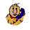 A cartoon character with a round face and blue sleeve, wearing yellow patterned clothing over red collar, shown in multiple expressions against gray background.