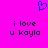A bright pink background features a blue pixelated heart above two identical text blocks reading "i love u kayla" in dark pixels.