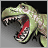 Pixelated green T-Rex head with open mouth showing teeth and red tongue against dark background, static single-frame image.
