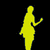 Yellow silhouette of a woman in a dress holding an object, shown in three positions against black background with gray rectangle on right.