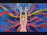 Animated sequence of a blonde anime character in a white dress with yellow ribbons, performing a transformation with flowing ribbons and changing background colors.